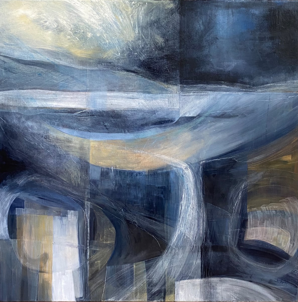 Under Deep Waters by Jo York  Image: Abstracted landscape inspired by the deep waters of  a Reservoir