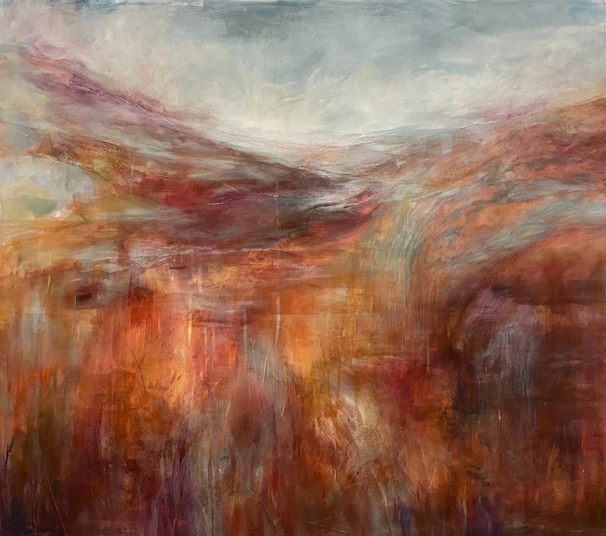 Liquid Amber by Jo York  Image: Liquid Amber-about walking a local moorland at the height of Autumn, bathed in colour and light and with patches of water on the recently wet land.
Painted in many layers of opaque and translucent acrylics.