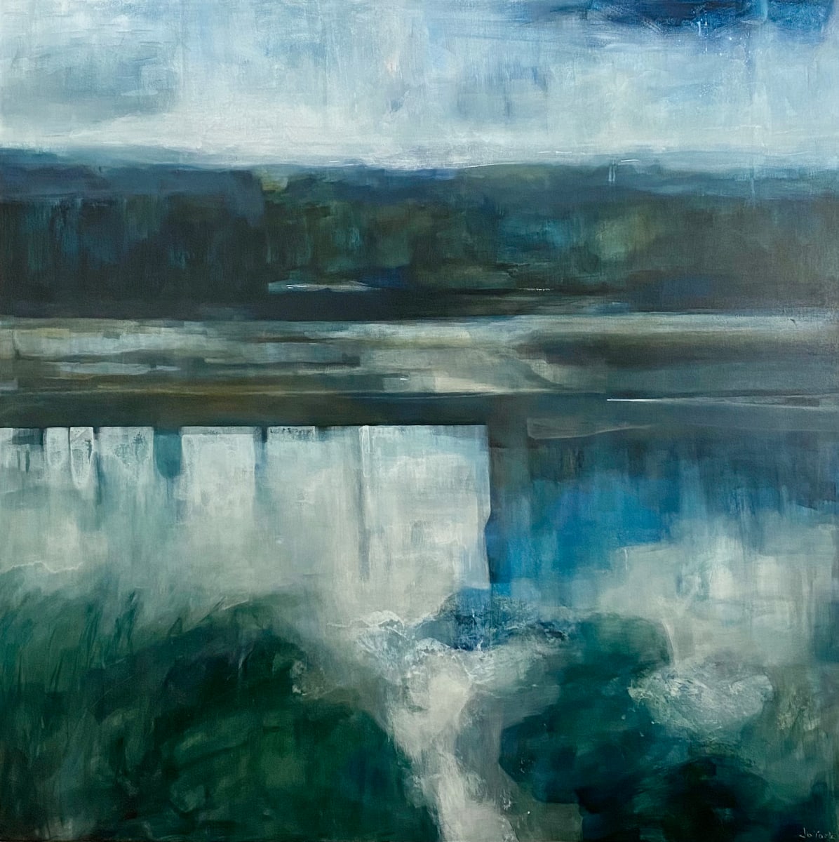 A  Day of Water by Jo York  Image: An atmospheric abstraction painting, A Day of Water is about staring at a hidden pool,  darkly enclosed with deep water, patterned by colour and light.