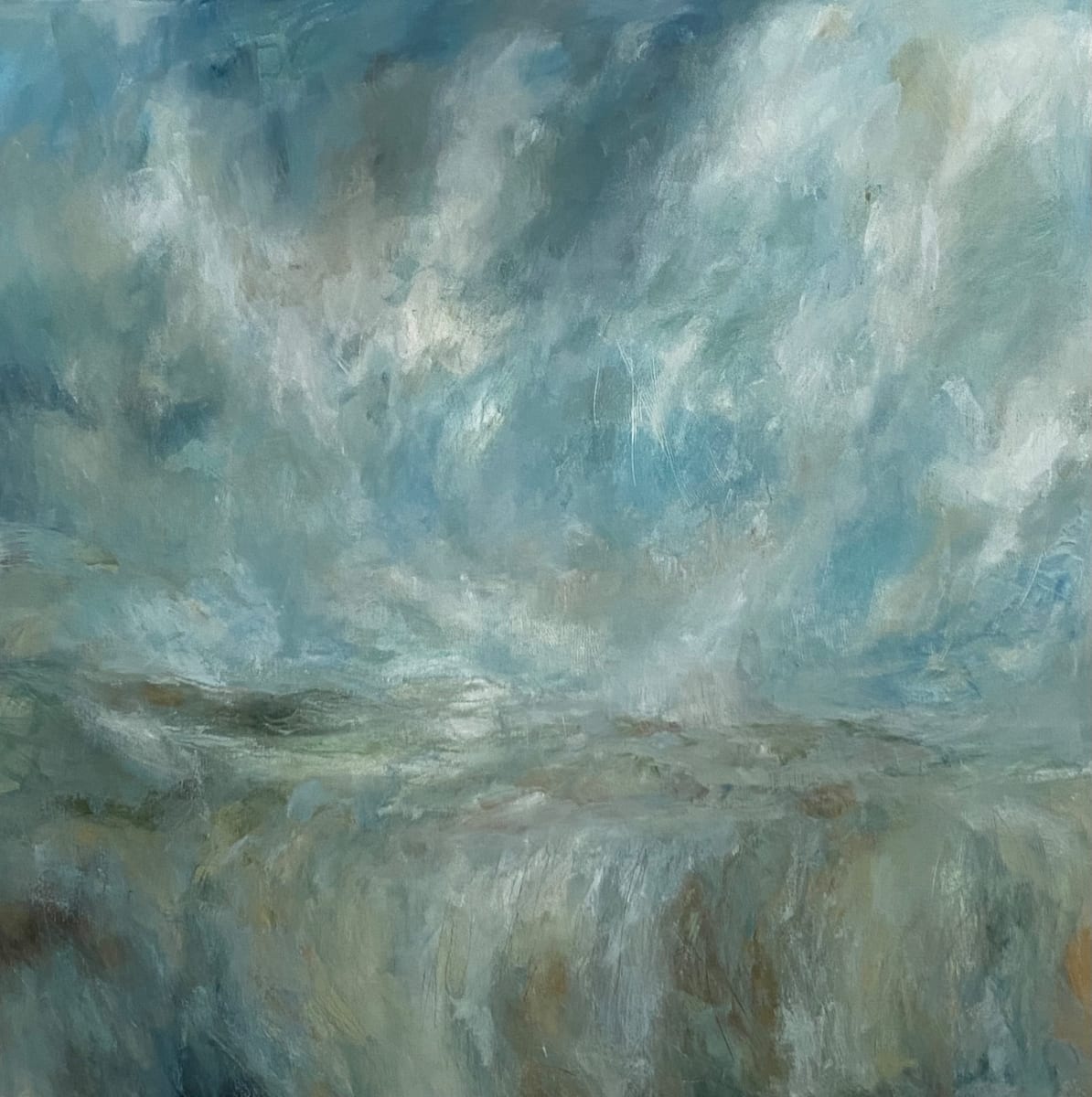Pale Grass Blue by Jo York  Image: Pale Grass Blue, about the peace and intense calm of early morning walks, gently moving through grass and air.
Warm tones of earth and blues and greens.

Multiple layers of oil and cold wax on canvas, creating a rich soft texture.
76cm x 76cm