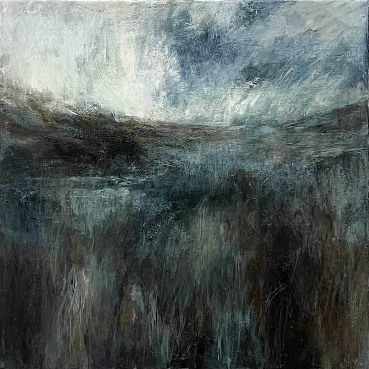 Holding up the Sky by Jo York  Image: Holding up the sky; the moor makes me think of Ted Hughes poems; full of gullies and rills, tussocks and rock, often hung with a leaden sky.
