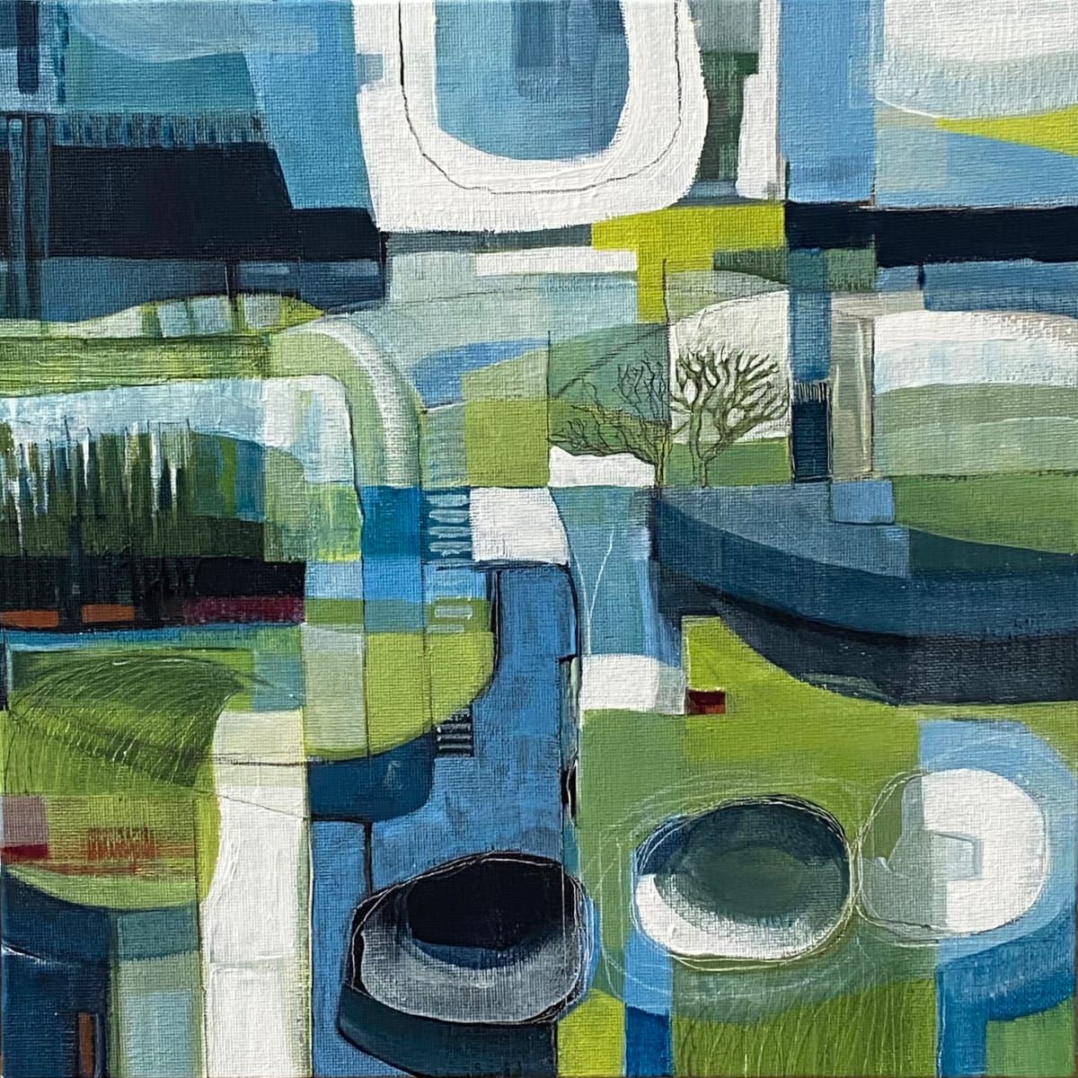 A Place Among The Stones by Jo York  Image: A Place Among the Stones: A painting about walking the high fields with scrubby trees, dry stone walls and scudding clouds, in a fresh spring like palette