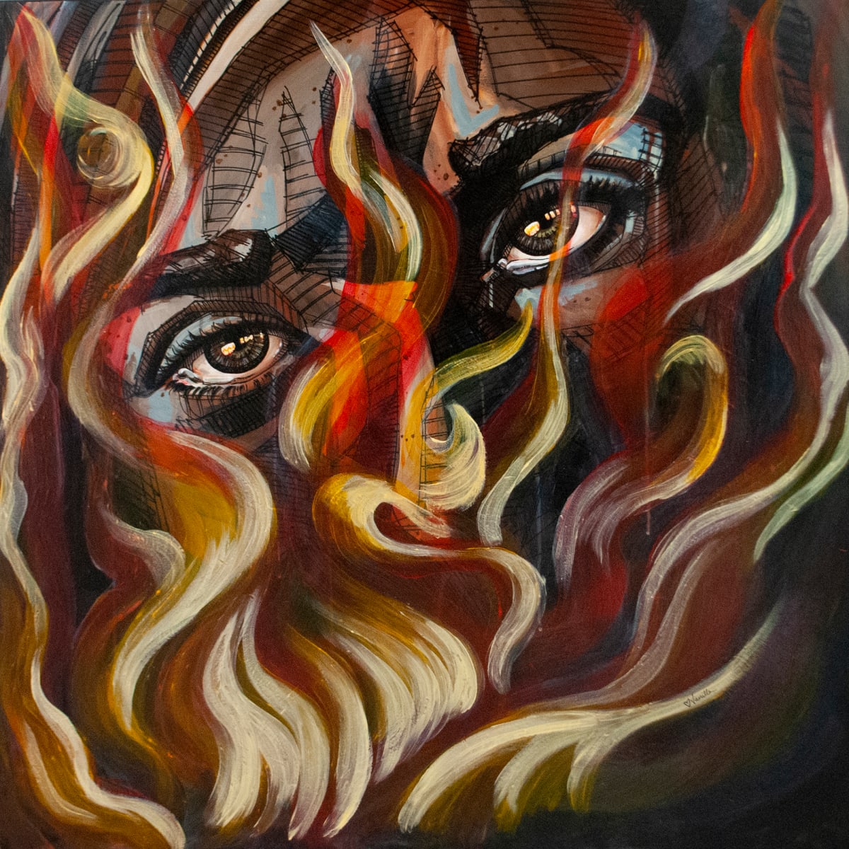 Rage 2022  Image: Picture of an accusing person's eyes staring at the viewer, with flames between the viewer and the subject. She's staring at us through fire.