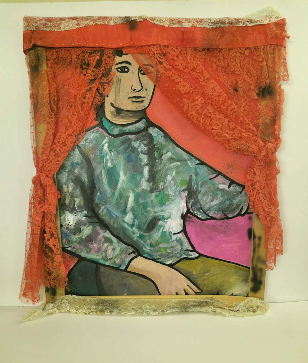 Title Unknown Self Portrait by Milton L. Green  Image: a person sits and looks toward the viewer. Red curtains frame them.