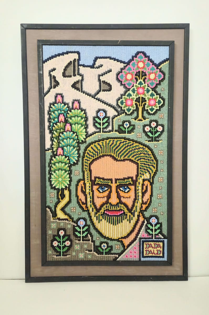 Dada Daud (Grandpa David) by David Alter  Image: An abstracted and stylized portrait of a blonde man with blue eyes. Behind him is a colorful landscape of symbolic greenery and mountainous terrain.