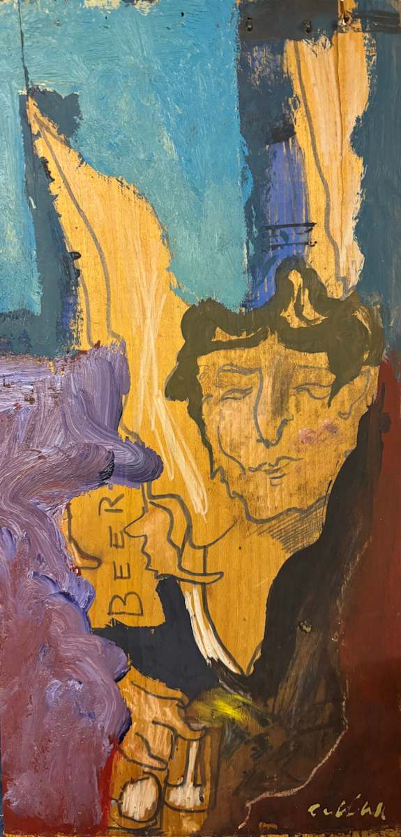 Self Portrait as Angel by Harvey Cellini Parks  Image: A layered scene capturing an introspective figure amid swirling color and everyday imagery. 