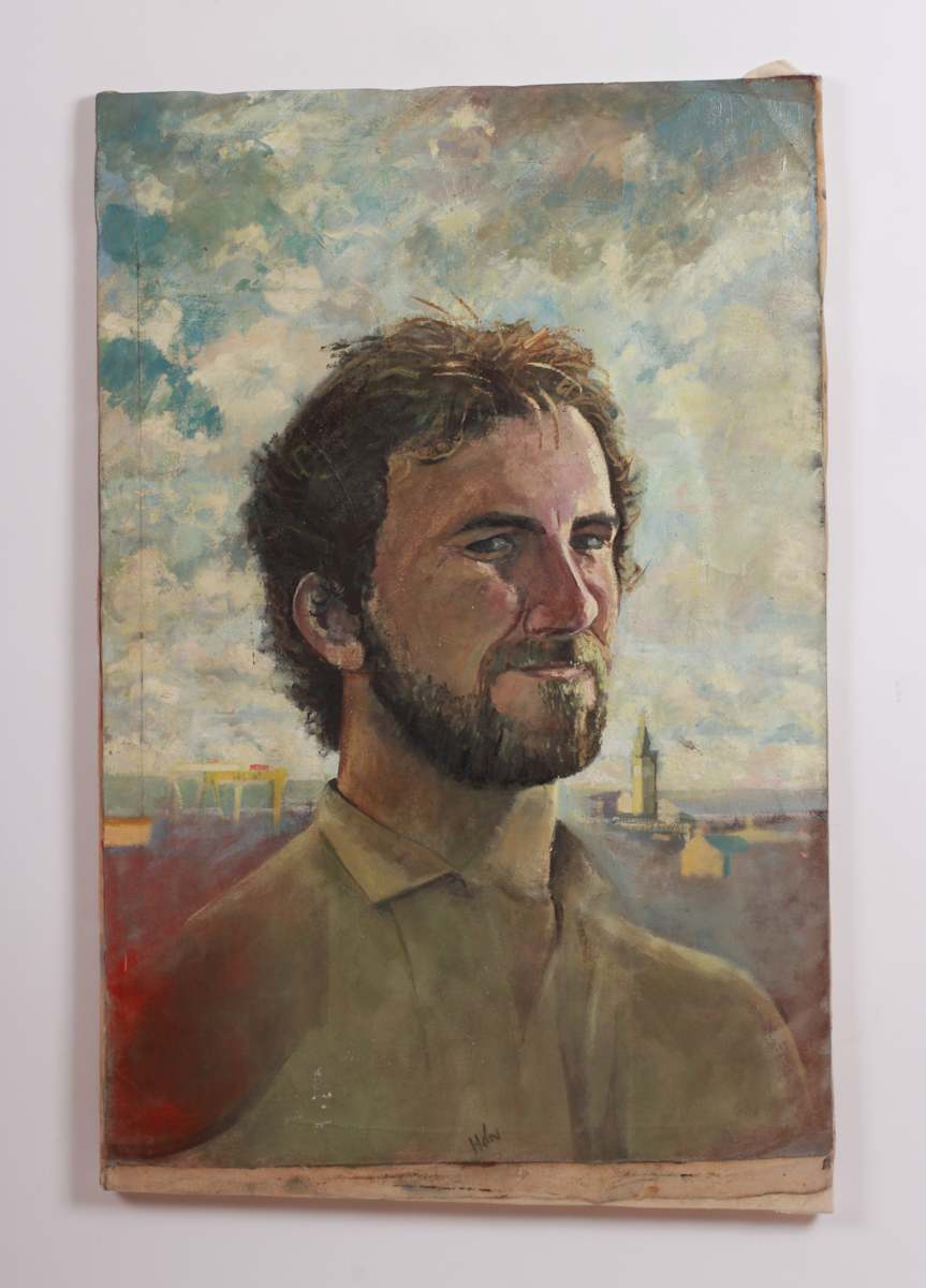 Belfast by Hugh O'neil  Image: A portrait of a brunette, bearded man looking off into the distance. Behind him is a dense cloudy sky.