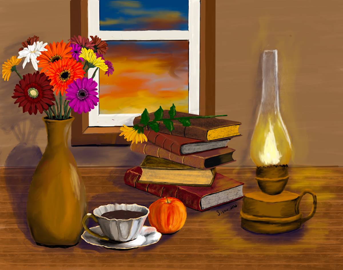 Daisies, Book, & Cup by Susan Reich 