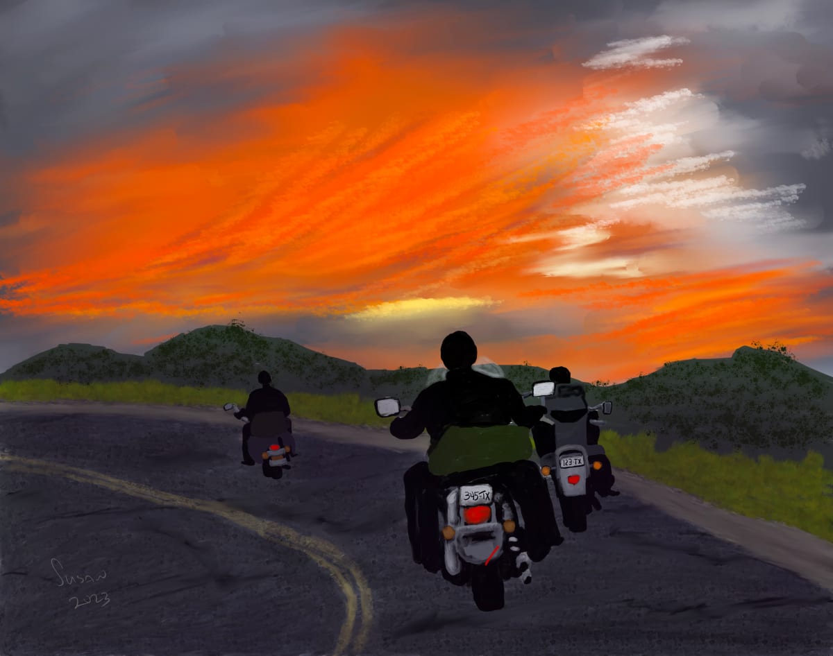 Early Morning Ride by Susan Reich  Image: Riding down the road, just as the sun starts to rise