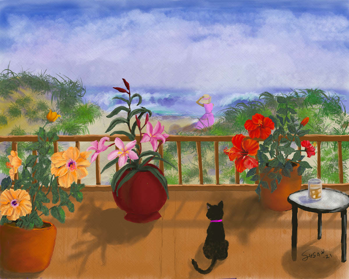 Hibiscus and Cat by Susan Reich  Image: Hibiscus and Cat
