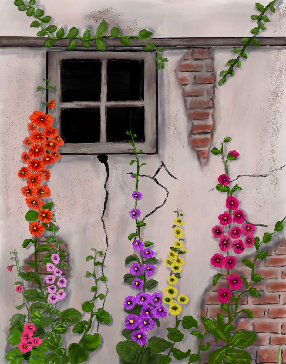 Old Building & Hollyhocks by Susan Reich, Image 1.
