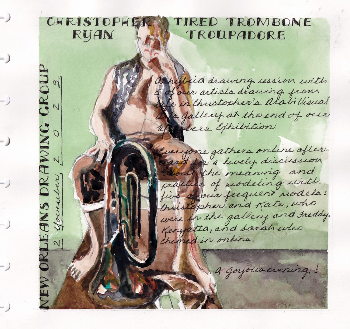 Journey Daybook Page by Margaret Pulis Herrick (Peggy)  Image: Christopher Ryan poses from New Orleans with a trombone.