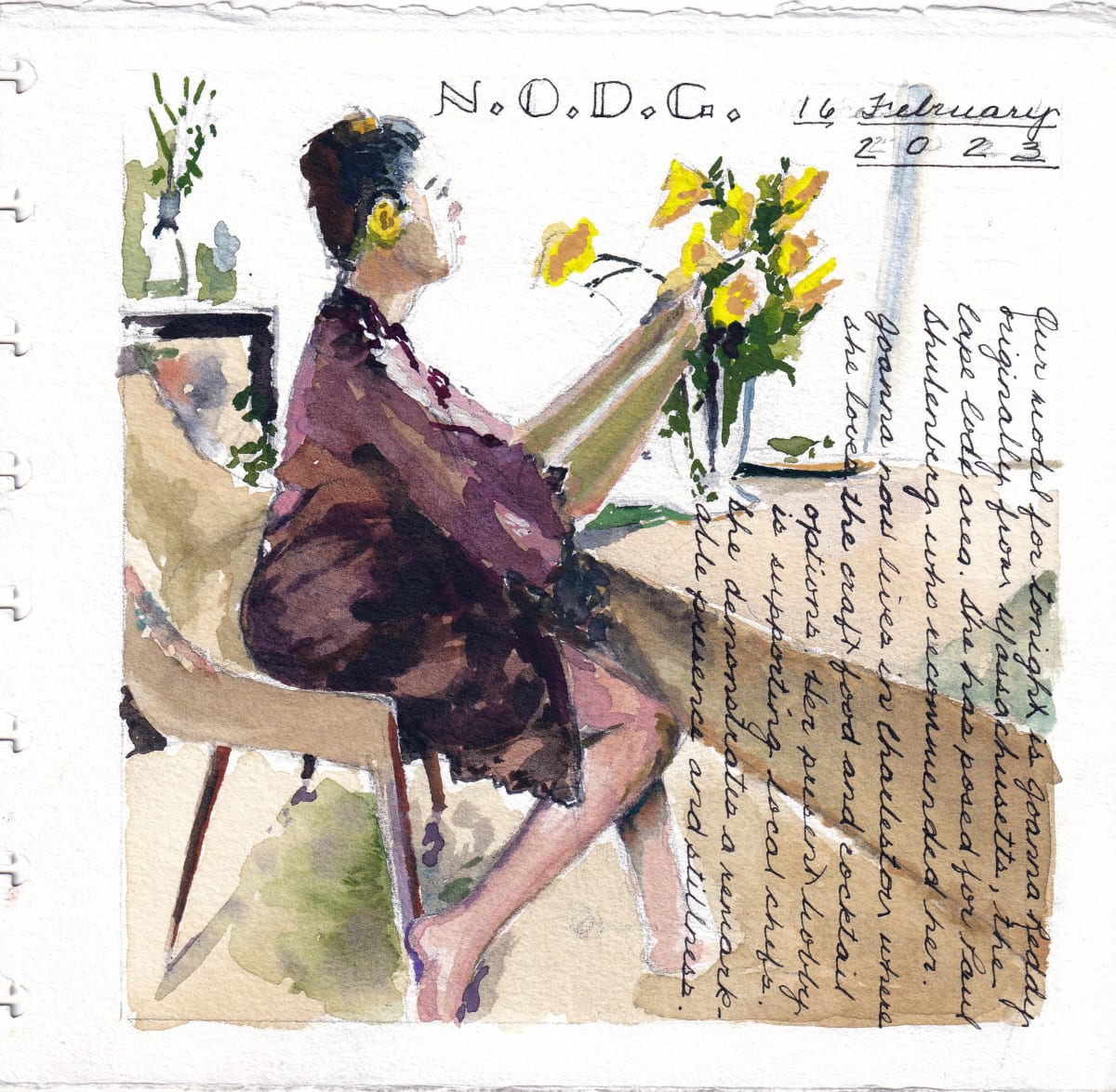 Journey Daybook Page by Margaret Pulis Herrick (Peggy)  Image: Figure study of Joanna Reddy posing on Zoom for the New Orleans Drawing Group