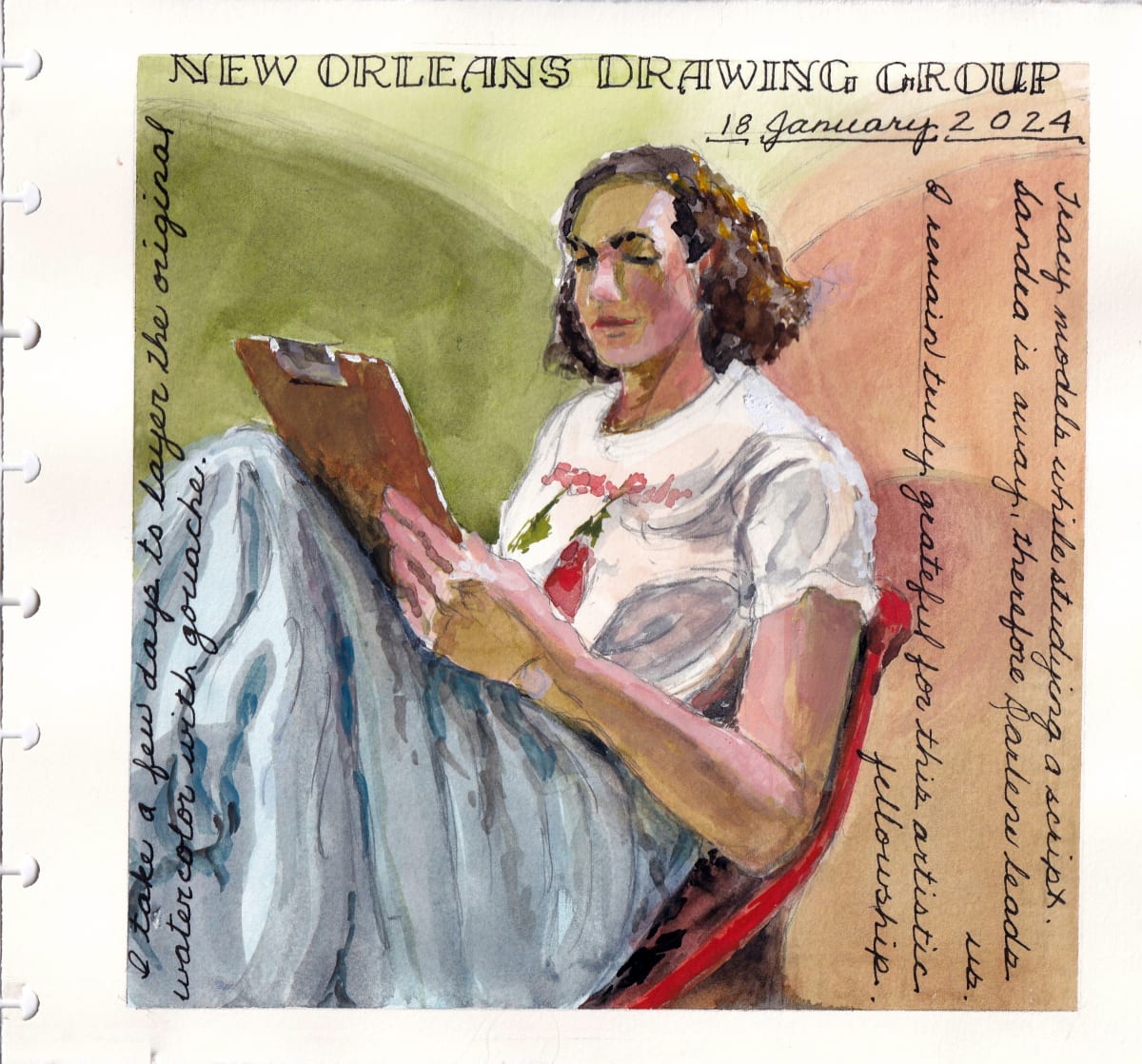 Journey Daybook Page by Margaret Pulis Herrick (Peggy)  Image: Tracy poses while reading a script. 