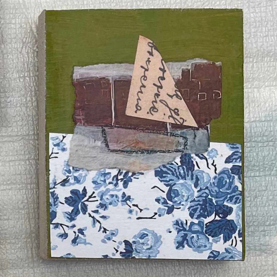 Collage on wood by Chrissie Richards 