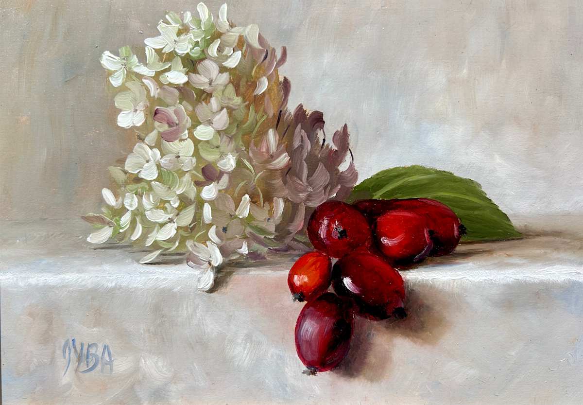 Hydrangeas & Crabapples by Julie Y Baker Albright, Image 1.