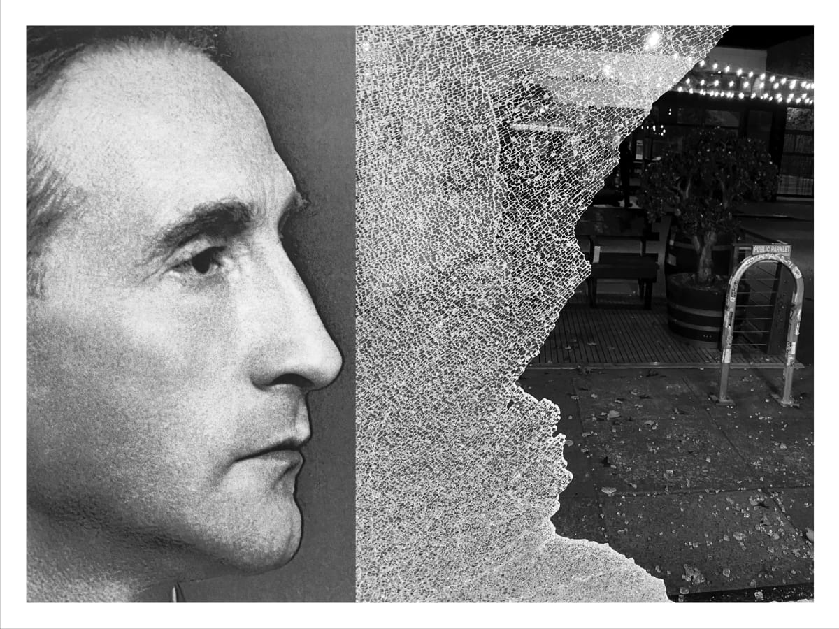 Duchamp as Large Glass by Charlie Milgrim  Image: This work stemmed from the random act of Mercury20’s window being smashed, and the ensuing readymade profile of Marcel Duchamp.