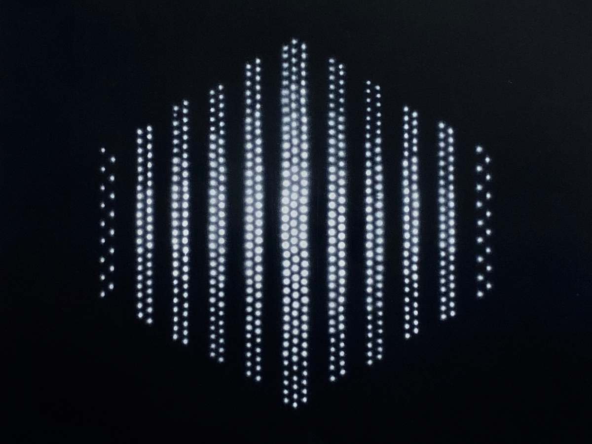 Double-Slit (small-scale) by Charlie Milgrim  Image: Double-Slit is a large-scale, abstract depiction of Physics’ famous double-slit experiment that demonstrates the point-wave duality of all matter as well as its quantum weirdness. 
