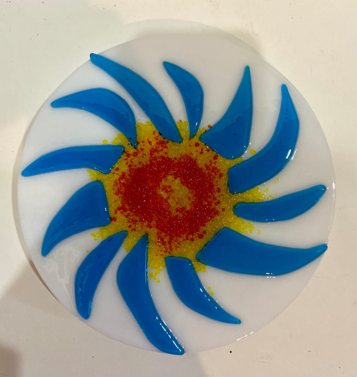 Garden Stake - Flower (turq with yellow & red center) by Cindy Cherrington, Image 1.