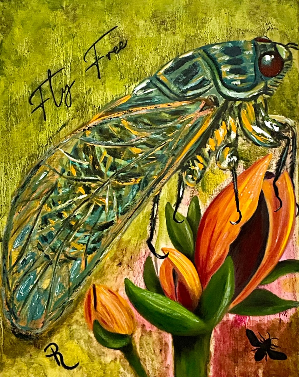 Fly Free by Donna Richardson  Image: This abstract oil painting features a cicada perched atop a flower. I wanted to create a piece with bold and bright colors that bring it to life. The cicada holds special significance for everyone, as this year marked the rare double brood emergence in the summer of 2024. I painted in a messy style, with drippy paint in the background to represent the blurred effect of the surrounding trees. Through dynamic strokes and vibrant hues, I aimed to capture the unique energy and essence of this rare event, celebrating nature's extraordinary moments in an expressive, vivid style.