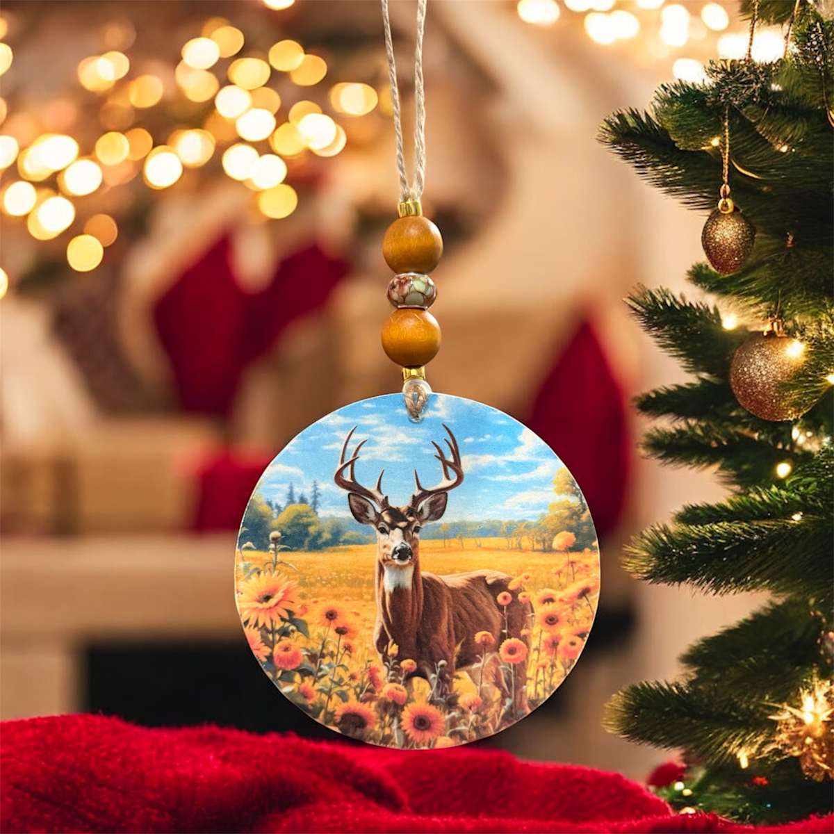 Deer in Sunflower Field Wooden Ornament by Donna Richardson 