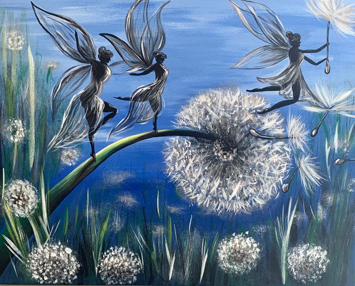 Dandelion Fairy by Donna Richardson  Image: I painted this "Dandelion Fairy" acrylic piece to capture the essence of whimsy and magic, immersing viewers in the beauty of fairies dancing amidst dandelions. With its rich blue hues and dynamic composition, the artwork transports you to a dreamlike world where fantasy blends with reality, evoking a feeling of wonder and enchantment. It reflects a time in my life when belly dance classes brought joy and laughter, making me feel as carefree as a dandelion seed floating in the breeze.

Design Credit: Michelle Iglesias