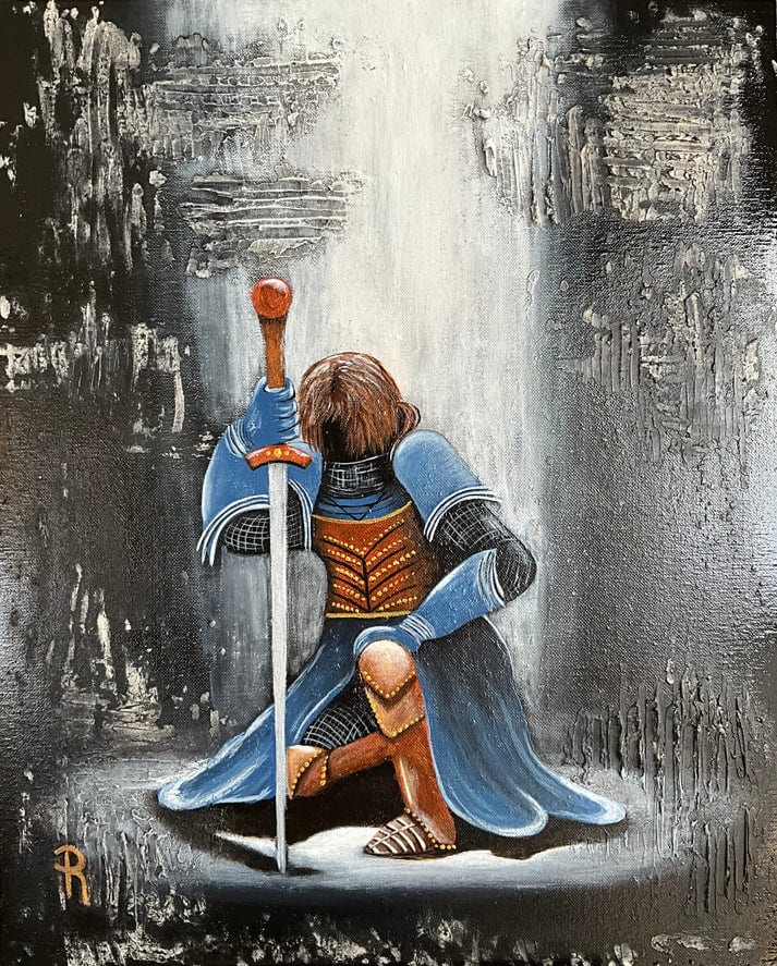 Sir William the Knight by Donna Richardson  Image:  "Sir William the Knight" is a bold acrylic mixed media painting symbolizing chivalry and courage. The piece features a knight in shining armor, ready to defend his kingdom with a sword in hand. The colors of black, blue, brass, and gold enhance the knight's armor and the textured background adds depth to the scene. My aim was to capture essence of courage, honor, and duty, making it suitable for inspiring any space with a touch of medieval allure.
Design Credit: Michelle Iglesias