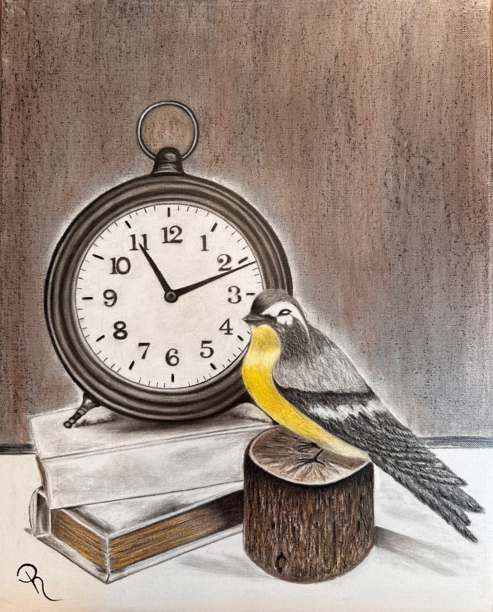 Time Flying By by Donna Richardson  Image: This painting captures a vintage table clock set to 11:11, considered an angel number, resting on two books with gold-edged pages rendered in acrylic. Beside it, a bird figurine perches on a wooden stump. The precise charcoal detailing and rich acrylic highlights invite reflection on the passage of time.