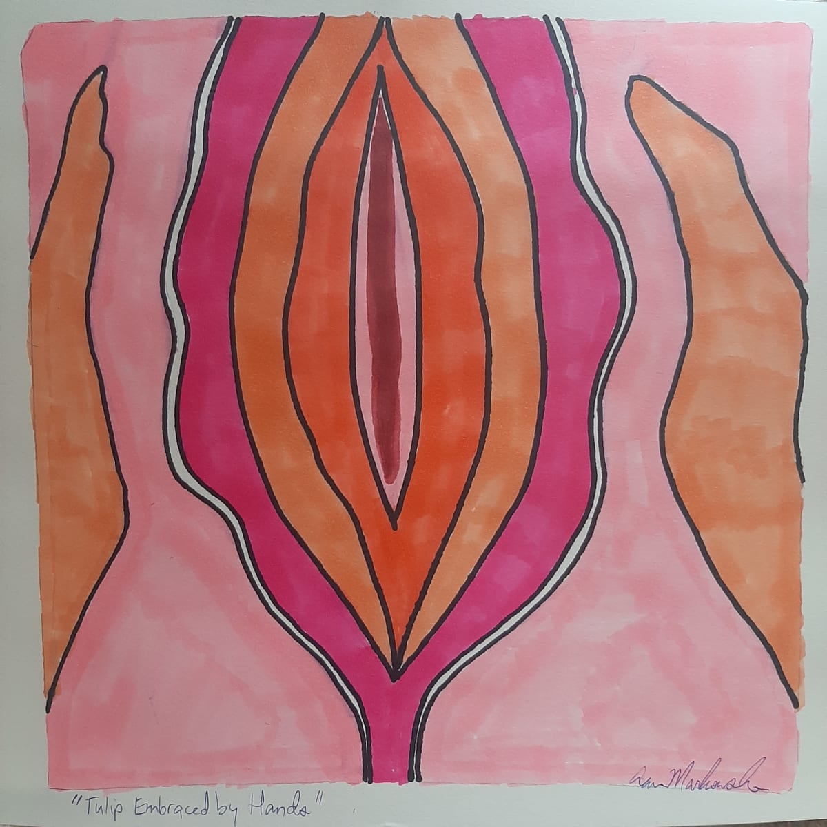 Tulip Embraced By Hands by Anna Markowska  Image: Drawn on water colour paper. Original measures 10 inches by 10 inches.