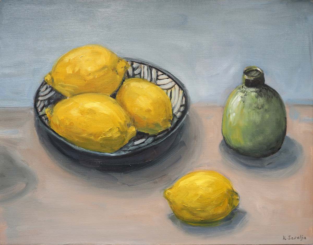 Lemons with green vase by Hilary Seselja 