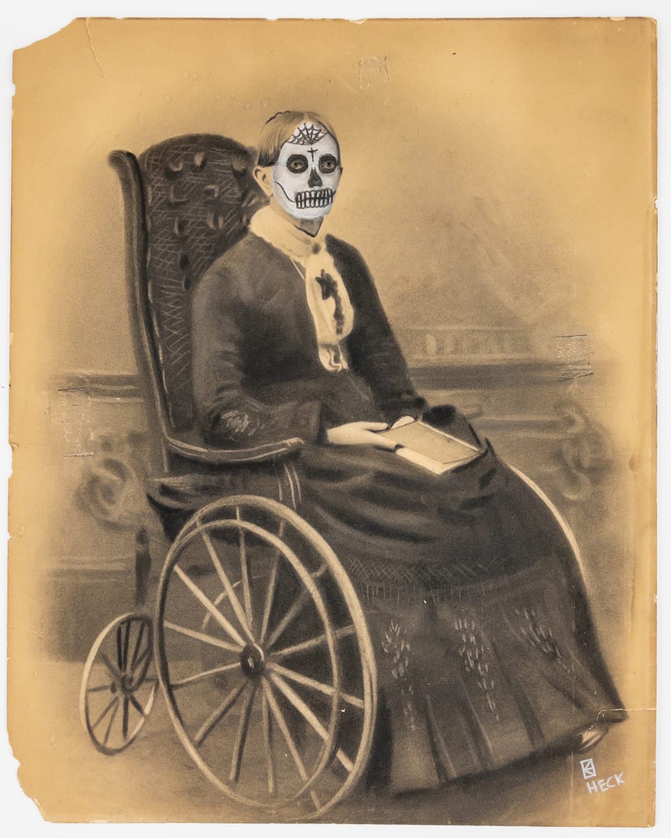 Old Timey Grandma - 68 by Chris Heck  Image: This is an Old Timey grandma in a wheelchair I converted into a Day of the Dead granny. You won’t see this piece hanging on a Cracker Barrel wall. 