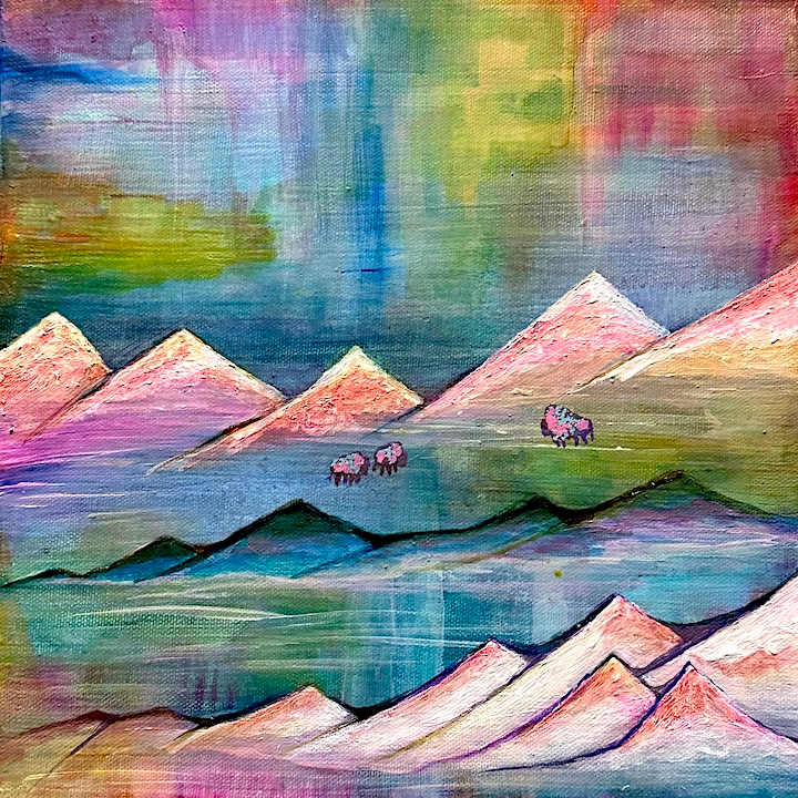 Buffalo Soldiers by Jen Haefeli  Image: The responsibility of being the last of the last, the Buffalo Soldiers grazed on the land. No longer a herd, but a triad of survivors.

Buffalo Soldiers
by InterArtist Jen Haefeli
Size: 10" x 10" x 1"
Medium: Mixed Media (acrylic, watercolor and ink on canvas)