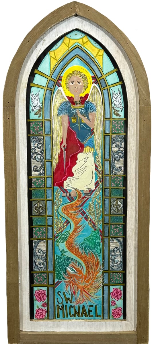 St. Michael & The Dragon by Jen Haefeli  Image: “Saint Michael & The Dragon”  is an original painting created byInterArtist Jen Haefeli, and it measures:
12" x 28” (framed). It is presented on framed, premium cold-press watercolor paper, utilizing watercolor, acrylic, acrylic marker paints, metallic Watercolor, metallic acrylic marker, alcohol ink, gesso, and Sharpie. 
Jen Haefeli, owner of Wild Root Creations, LLC creates custom-made pieces for private collection and fundraising worldwide.  “Saint Michael & The Dragon” has a fair market value of $1,800 U.S. dollars.
