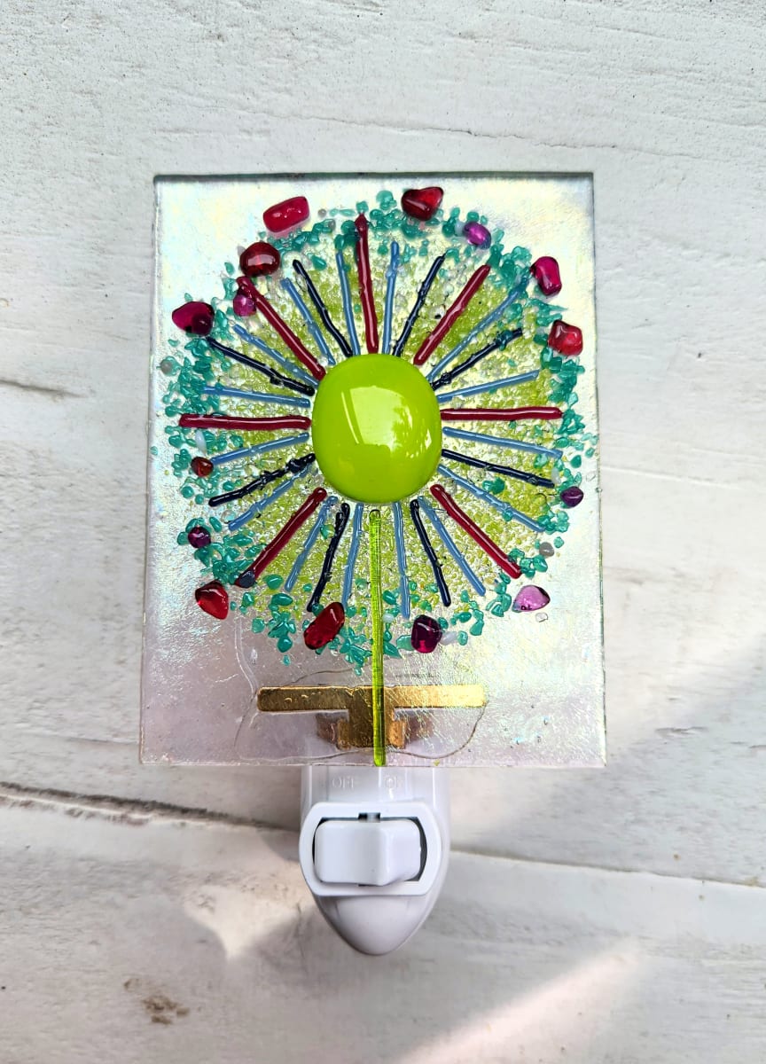 Lime Green/ Turquoise/ Pink Dandelion on Iridescent BG NL AKEA147 or 169 by Ashley Akerlund, Image 1.