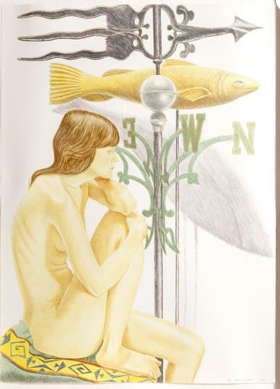 Nude Model with Banner and Fish Weathervanes by Philip Pearlstein 