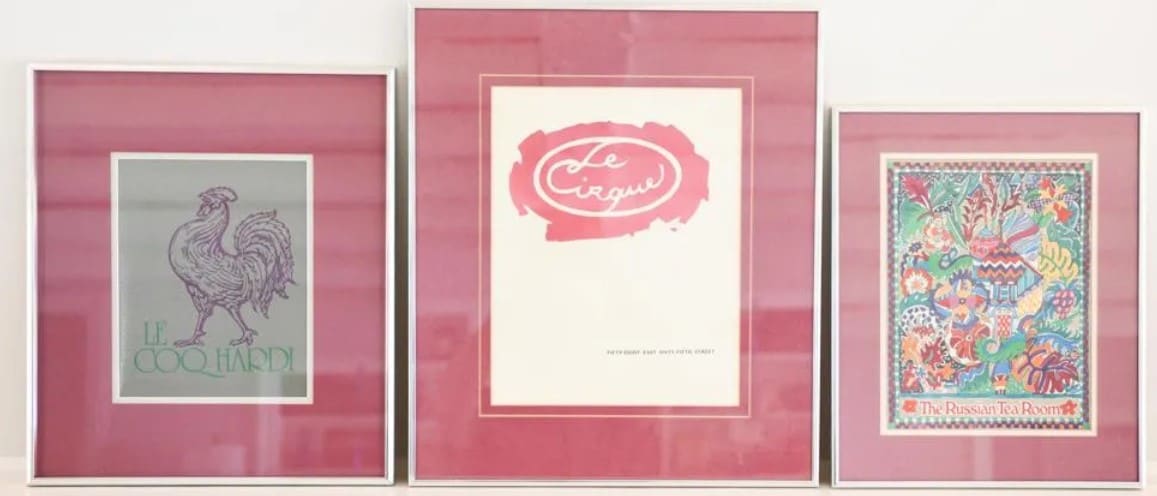 3 framed restaurant menus by Richard Giglio 