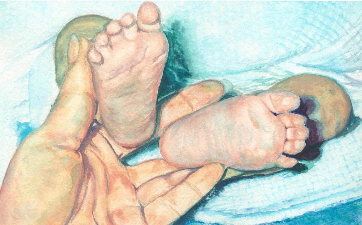 Baby Feet by Leanne Marchand  Image: The artist's hand holding her baby's feet.