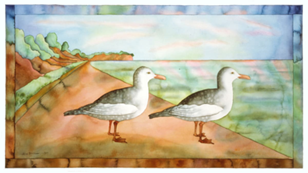GULLS AT GAYHEAD by alice brickner  Image:  This picture was inspired by Gayhead, Martha's Vineyard, its red clay cliffs and its gulls. .
