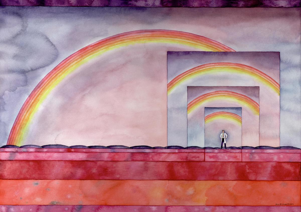 Scientist with Rainbows by alice brickner  Image: Phil with rainbows
Scientist celebrating solution!