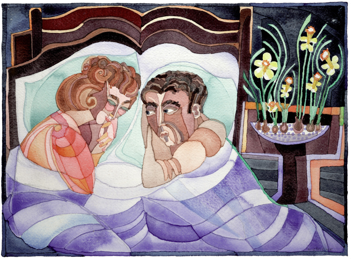 Couple in Bed by alice brickner  Image: Man giving woman the fish eye.