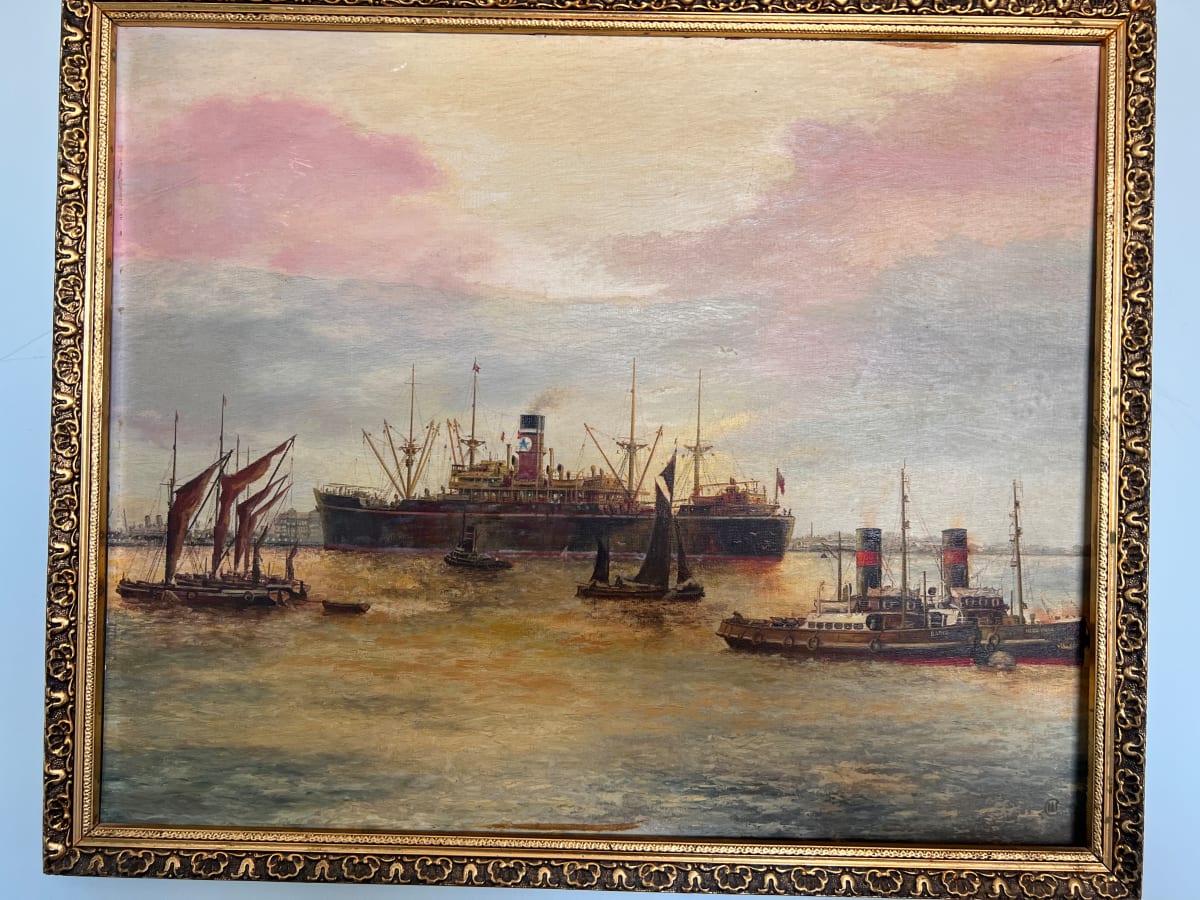 Blue Star Line ship in harbour by Not Known, Image 1.