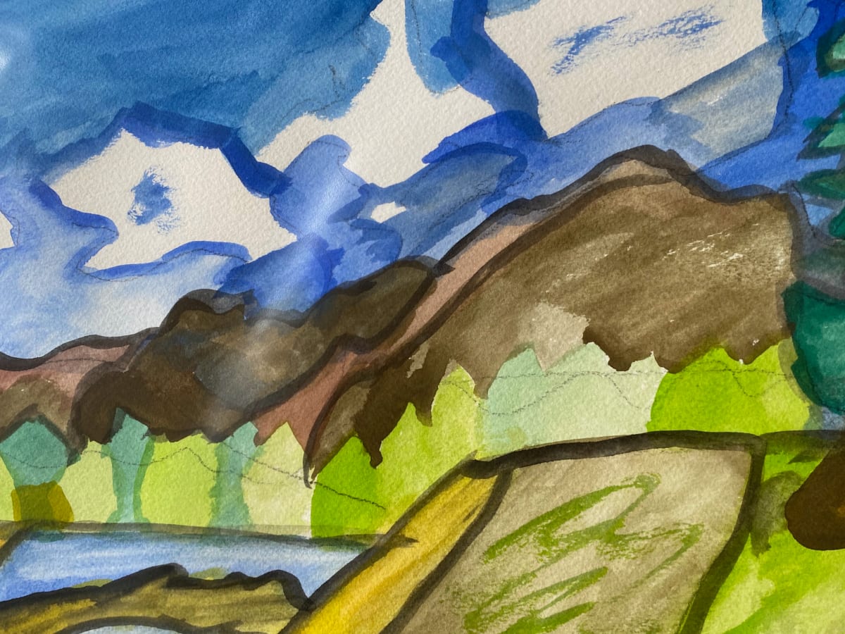 Valley Light by Emily Rose Govier Honderich  Image: A lively landscape painting capturing a sunlit valley beneath a dynamic, cloud-filled sky. Rolling hills and jagged mountains rise in the background, rendered in earthy browns and soft purples, while vivid greens and yellows define the foreground foliage and fields. A winding path or river guides the viewer’s eye through the composition. Bold ink outlines and fluid watercolor washes blend representation with playful abstraction, evoking the freshness and spontaneity of nature observed in motion.