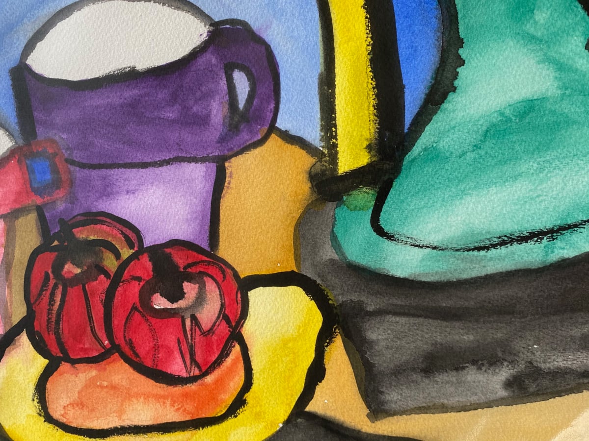 Two Tomatoes and Tahin by Emily Rose Govier Honderich  Image:  A vibrant still life watercolor painting that captures a rich interplay of color and form. The bold outlines and expressive brushstrokes highlight a composition of fresh red tomatoes on a warm-toned plate, accompanied by a deep purple mug and a teal vessel. The contrast between warm and cool hues creates depth and movement, evoking a sense of everyday familiarity with an artistic twist. A dynamic and inviting study of light, shadow, and texture.