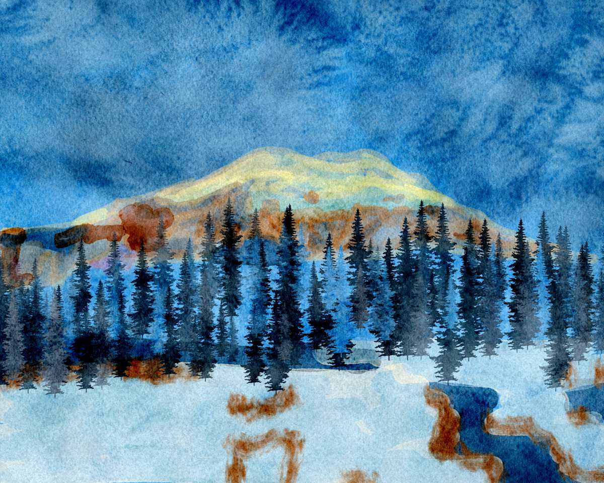 Winter Light by Emily Rose Govier Honderich  Image: A serene watercolor landscape portraying a snow-covered forest at the base of a softly glowing mountain. Layers of evergreen trees stand silhouetted against a wintry backdrop, their dark forms fading gently into the misty atmosphere. The mountain behind is illuminated in warm, golden tones that contrast with the deep blues of the sky and forest. Loose, expressive brushstrokes and transparent washes of color evoke a quiet stillness, capturing the subtle interplay of light and shadow in a cold alpine scene.