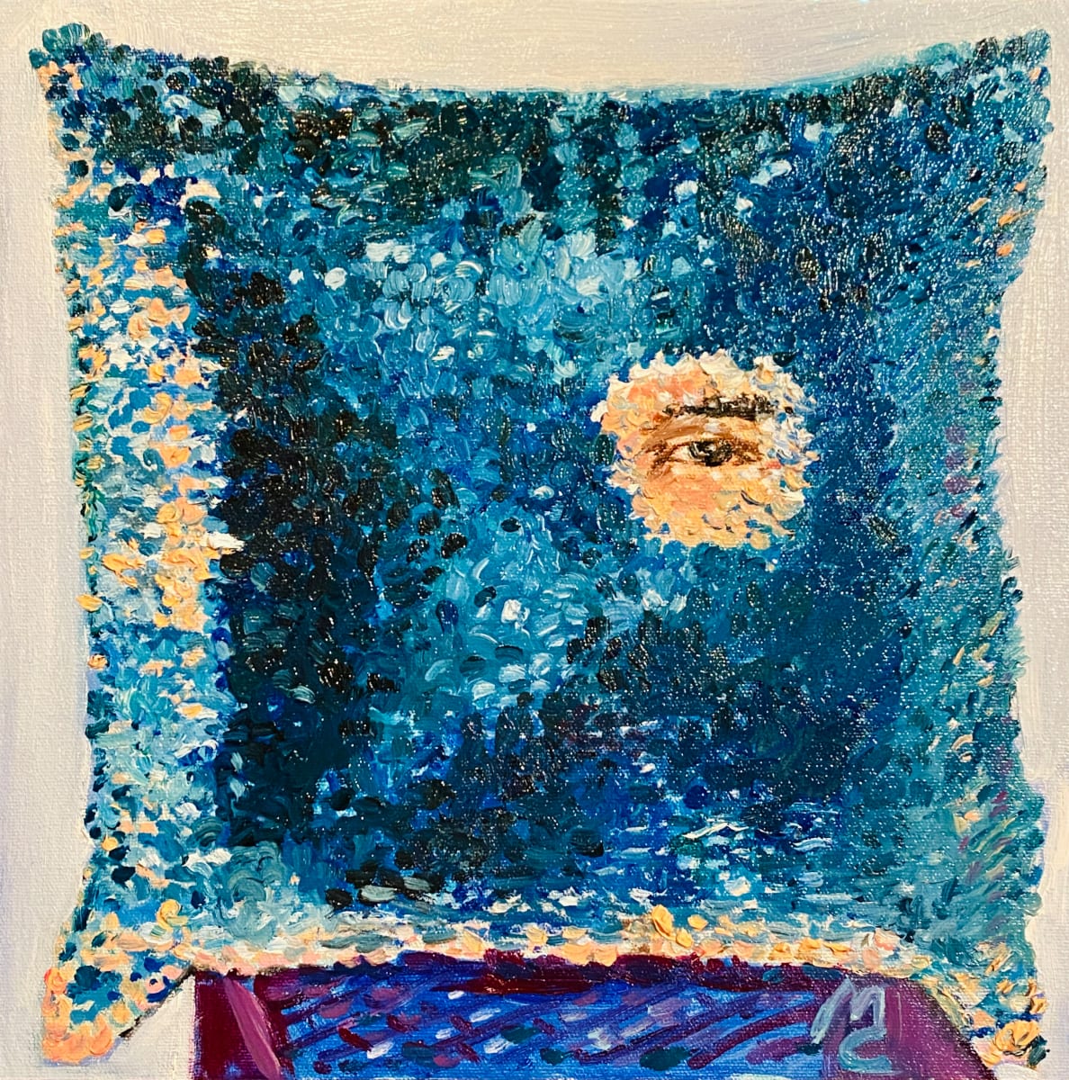 Day 6- Eye on Keanu- Sparkle pillow by May Charters  Image: Day 6 of the sequin Keanu reeves pillow. Just his eye.