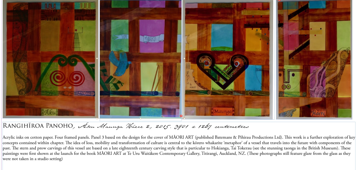 Āku Maunga Haere by Dr  Rangihiroa Panoho  Image: Āku Maunga Haere II, 'my travelling mountains' 2015, currently on display Kupe Waka Centre, Te Aurere