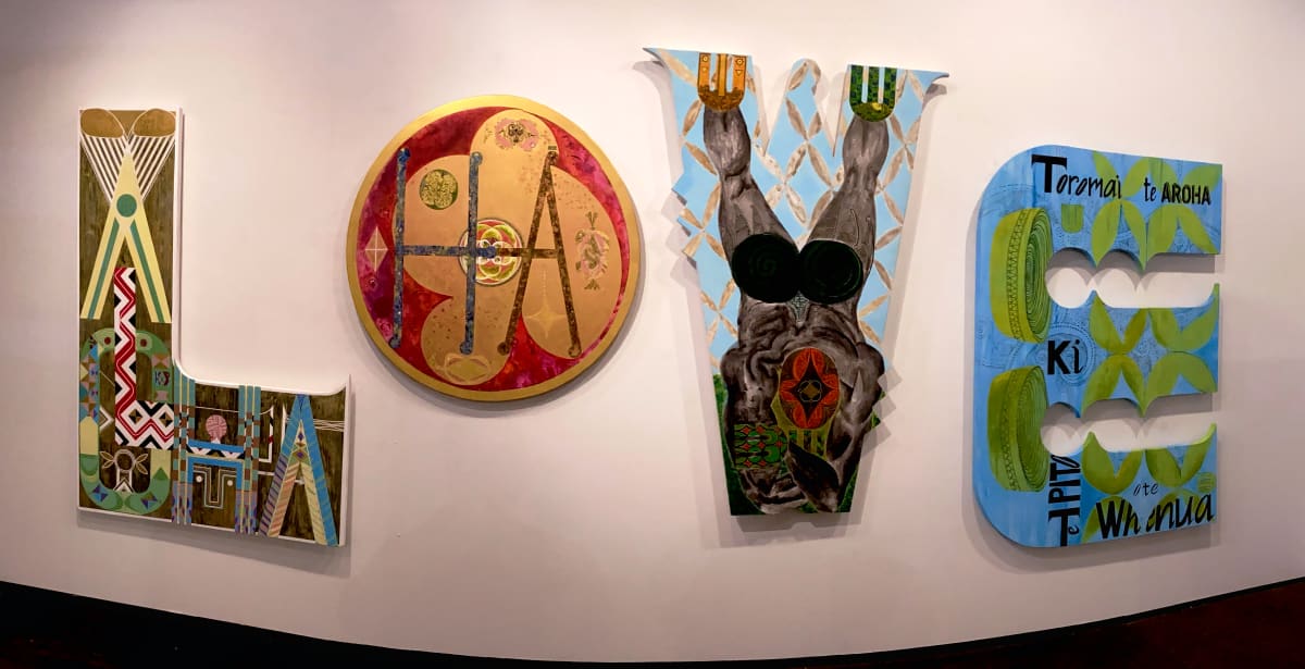 Ngā Mahi o Te Aroha 'the works of love' 2013-2021  https://toimahara.nz/news/ataroa-a-reminder-of-the-lingering-shadow-of-the-new-zealand-land-wars/ by Dr  Rangihiroa Panoho  Image: Ngā Mahi o Te Aroha 'the works of love' , ĀTĀROA exhibition, Mahara Gallery, Waikanae, 24 July - 16 October 2021 (interupted by COVID lockdown in the Wellington region). ALOHA series, 2012-2021, acrylic inks and paint on prepared board comprising bespoke letters, various sizes: 'L' 1680 x 1200, 'O' 1110 diameter, 'V' 1690  x  1150, 'E' 1680 x 1200, depth c.40mm.