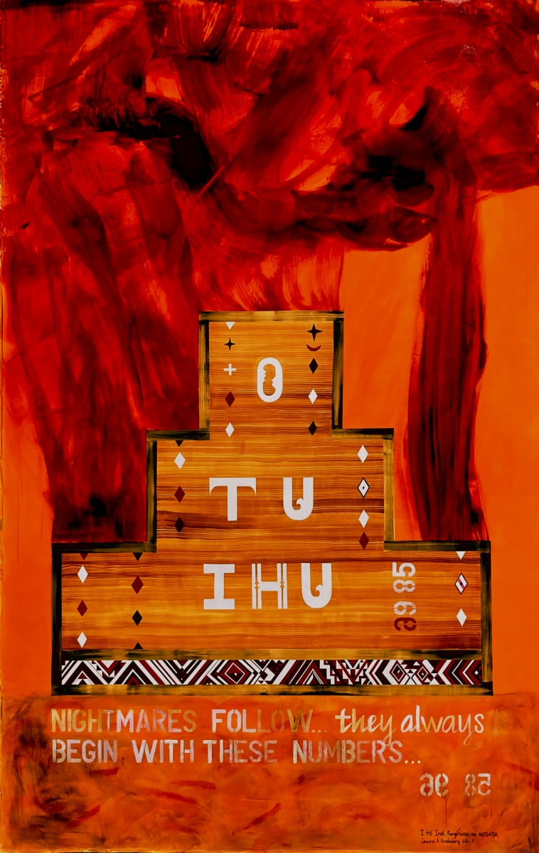Nightmares Begin with these Numbers…, 1-15 July 2021 by Dr  Rangihiroa Panoho  Image: Both this canvas and the rear section of the 'Nga Mahi Aroha…' reference the sacking of our Ngāti Manu ancestor Whetoi Pomare II's Pā Otuihu at the entrance of the Taumarere River, Bay of Islands by the 58th and the 96 British Regiments in 1845. The loss of Ōtuihu and the wealth of Ngāti Manu has never been recovered.