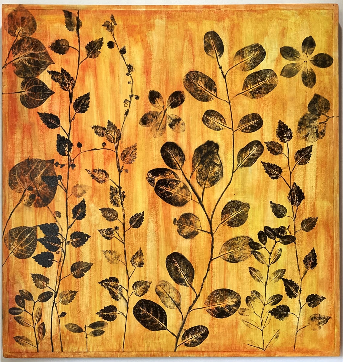 T  Ā  N  E     IV,  2023, 815 x 805mm, collection: artist by Dr  Rangihiroa Panoho  Image: Anake ko ngā rau o te rākau Māori no taku mara kei kōnei. 'Only native leaves from my garden were used'  in this work.