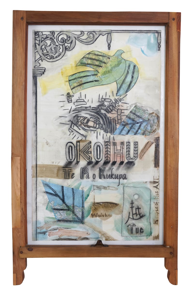 Yueh, 'The People of the Axe', encaustic on board with kauri window frame, 2016 by Dr  Rangihiroa Panoho  Image: 'Yueh...' the painting references Okoihu, the fighting pā 'palisaded fortification of the northern leader Kūkūpa. It stands opposite the ancestral mountain Whatitiri and was the site for an ancestor receiving the name Pā noho (to sit) as a consequence of his protesting the breaking up of the maunga by the Crown into 15 farms in 1897. Yueh the term is originally a reference to a Neolithic people occupying the northern coast of China who eventually migrated across the strait to Taiwan where a proto-Austronesian ocean going vessel culture was developed.